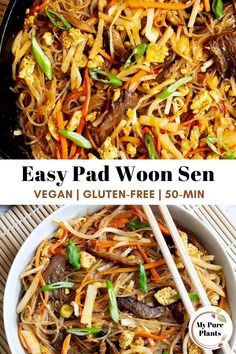 an easy pad won dish with vegetables and noodles in it is ready to be eaten