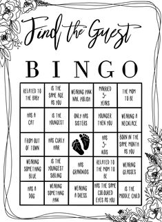 a black and white printable game with the words, find the guest's bingo