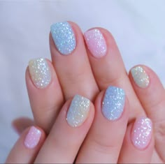 Pastel Sparkle Nails, Unique Glitter Nails, Fun Party Nails, Glitter Pastel Nails, Cute Nails Glitter, Easy Easter Nail Designs, Kawaii Nail Designs, Pastel Glitter Nails, 2023 Spring Nails