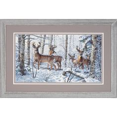 a painting of deer in the snow surrounded by trees