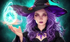 a woman with purple hair wearing a witches hat and holding a crystal ball in her hand