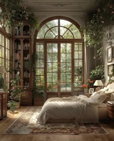 a bedroom with lots of windows and plants on the wall