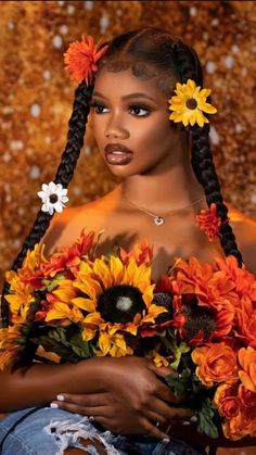 a woman with sunflowers on her head and braids in her hair, holding flowers