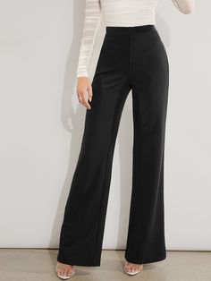 Negro Elegante Collar  Tela tejida Liso Pierna ancha Embellished No-Elástico  Ropa de Mujer High Waisted Black Trousers, High Waist Wide Leg Pants, Dressy Pants, Formal Pants, Women Pants, Straight Leg Trousers, Shoes With Jeans, Fashion Sale, Fall Outfits Women