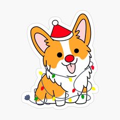 a cartoon corgi dog wearing a christmas hat and lights around its neck sticker