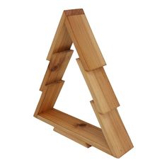 a wooden triangle shaped shelf with three sections on each side and one section in the middle