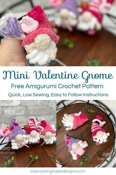 the crochet pattern for mini valentine gnomes is shown in three different colors