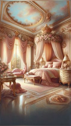 an ornate bedroom with pink and gold decor