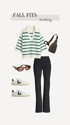 Fall Fits // Thrifting #springoutfit #outfitinspiration #fits #springfashion #capsulewardrobe #minimalismoutfit, https://whispers-in-the-wind.com/spring-capsule-wardrobe-for-2024/?minim Green Stripe Sweater, Green Sweater Outfit, Flare Leggings Outfit, Striped Sweater Outfit, Mix Match Outfits, Collared Sweater