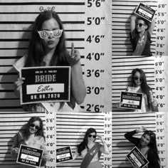 a woman holding up signs in front of a mugshot wall with the words bride and groom written on them