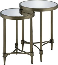 two round tables with metal legs and glass tops, one on the other end table