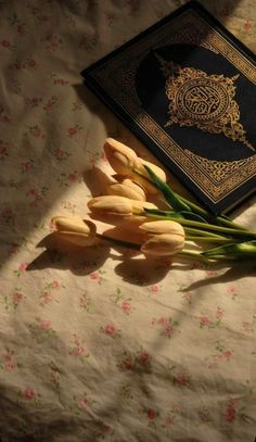 some flowers are laying on a bed with a book in the background that reads mesiai omer