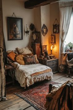 an old fashioned bedroom is decorated in rustic style