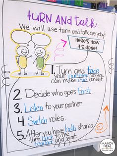 a sign with instructions on how to turn and talk for children in the classroom,