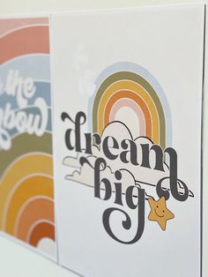 three greeting cards with the words dream big written in different colors and designs on them