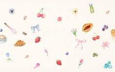 the wallpaper is decorated with flowers, fruits and other things in pastel colors