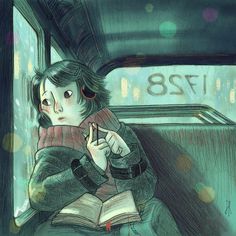 a drawing of a person sitting on a bus with an open book in their lap