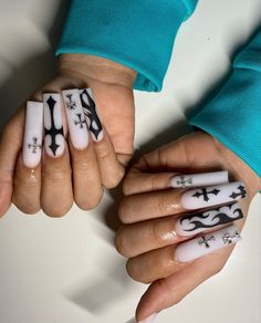 Stelttio Nails, Chola Nails Acrylic, Matching Nails, Cross Nails, Punk Nails, Long Acrylic Nail Designs, Drip Nails, Edgy Nails, Goth Nails