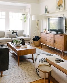 a living room filled with furniture and a flat screen tv on top of a wooden stand