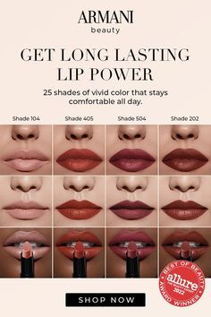 Armani Lip Power, Brown Lipstick Shades, Red Lipstick Shades, Pigmented Lips, Satin Lipstick, Armani Beauty, Long Lasting Lipstick, Beauty Makeup Tips, I Love Makeup