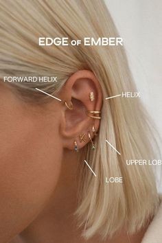 an image of a woman with ear piercings labeled in english and french words on her ears