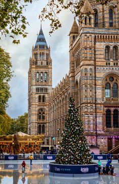 a christmas tree in front of a large building with people walking around and on the ice rink