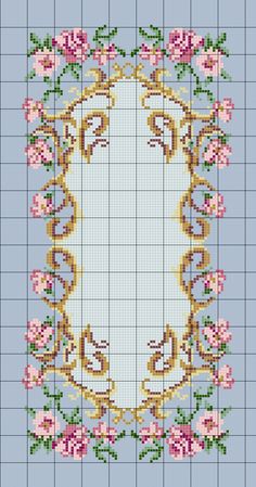 a cross stitch pattern with pink flowers and leaves on blue background, in the shape of an oval