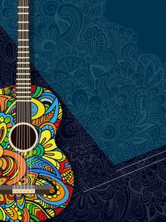 an acoustic guitar with colorful paisley designs on the top and bottom, in front of a blue background