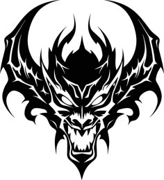 a black and white image of a dragon head