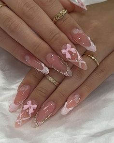 Nail Ideas Acrylic Charms, Nail Inspiration Charms, Nails Graduation Ideas, Quince Nails Almond, Soft Acrylic Nails, Baddie Nails Almond, Pink Nails Charms, Pink Graduation Nails, Nails Birthday Design Ideas