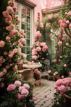 pink roses are blooming in the garden next to a table with a white chair