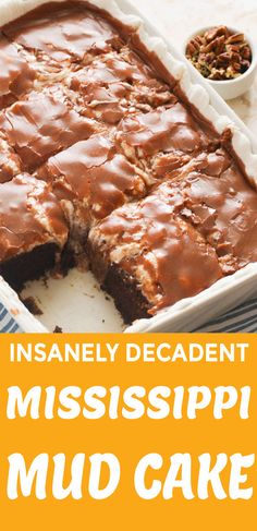 an image of a cake with chocolate frosting and nuts on the side that says, insanely decadent mississippi mud cake