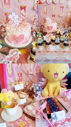 a table topped with lots of cakes and cupcakes next to a teddy bear