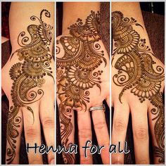 henna tattoos on someone's hand that is showing the different designs and colors