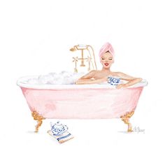 a watercolor painting of a woman taking a bath in a pink claw foot tub