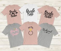 four bride shirts with the words bride tribe on them