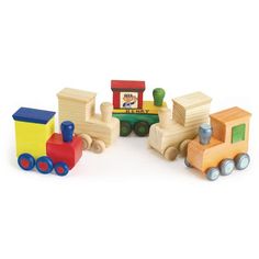 wooden toy train set on white background