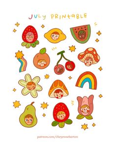 an image of children's fruit and vegetables with the words july printable on it