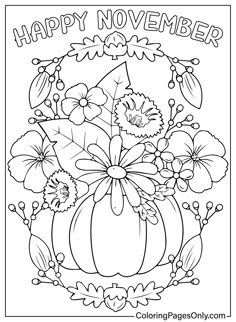 a happy november coloring page with flowers and leaves