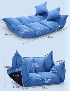 the size and measurements of a blue dog bed with two pillows on each side, one is