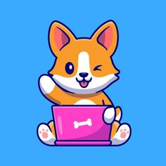 a cute little corgi dog sitting on the floor using a pink laptop computer