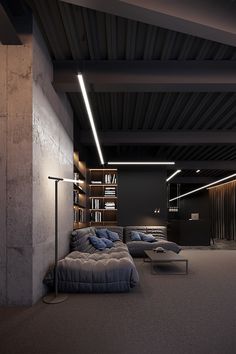 a living room filled with furniture and bookshelves next to a wall mounted book shelf