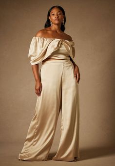 Bridal by ELOQUII Wide Leg Trouser Bridal Styles, Bridal Jumpsuit, Seam Allowance, Bridal Separates, Plus Size Designers, Plus Size Pants, Swimsuits For All, Plus Size Wedding, Stretch Satin