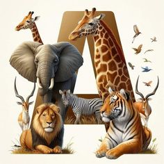 the letter a is made up of animals and letters that look like elephants, giraffes, lions, and zebras