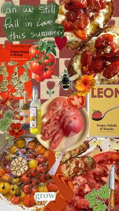 a collage of different food items including tomatoes, meats and cheese on a plate