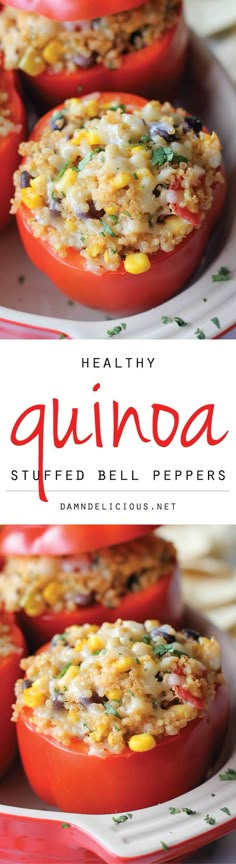 the cover of healthy quinoa stuffed bell peppers is shown in three different images