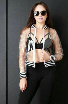 Transparent Vinyl bomber jacket. Oversized collar that manages to be functional and sexy all the same time and make you feel comfortable and cute. The original appearance on a rainy day - Stay perfect! You have also a wide choice: plus size, custom tailoring! Choose color of collar, over 5 colors, Plastic Clothing, Matching Friend, Biker Jacket Men, Plastic Clothes, Womens Jackets, Online Fashion Boutique, Rain Wear, Black Trim, Striped Knit