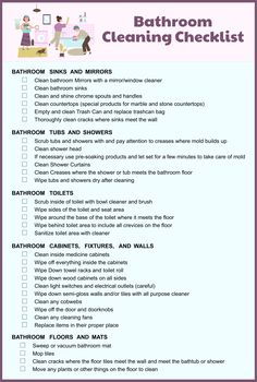 the bathroom cleaning checklist is shown in purple and white with pink trimmings