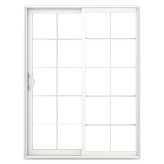 an open sliding glass door with white frame and grids on the outside, against a white background