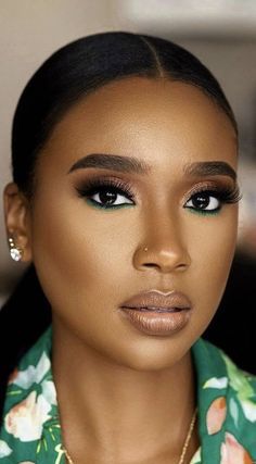 Green Makeup Ideas For Black Women, Natural Make Up For Black Women, Black Woman Glam Makeup, Green And Brown Makeup Looks Black Women, Natural Wedding Makeup Dark Skin, Pop Of Color Makeup Black Women, Gold Bridal Makeup For Brown Eyes, Dark Green Makeup Looks Black Women, Green Eye Makeup Black Women